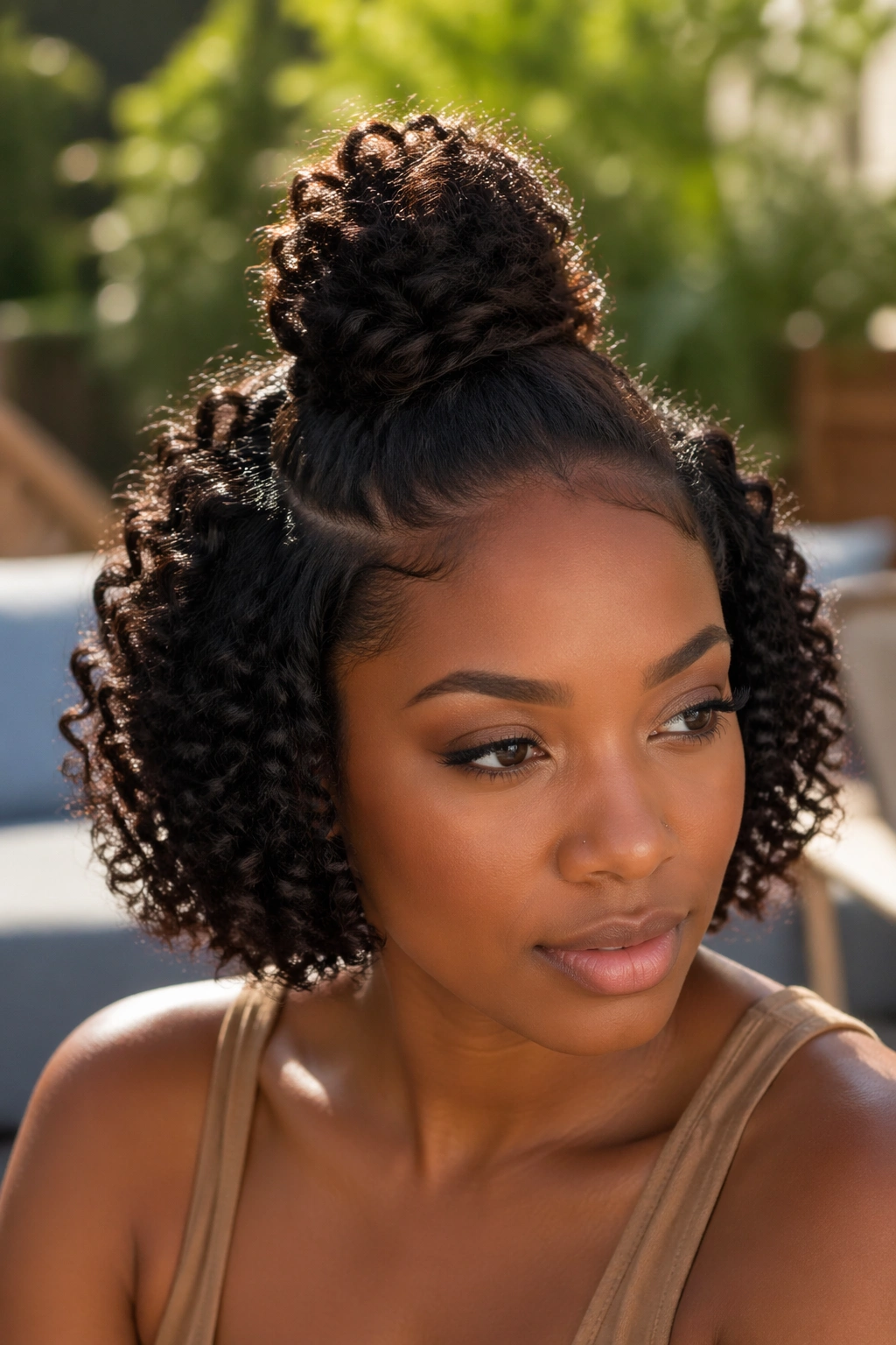 Close-up of real woman with twisted top knot and curly ends on bob