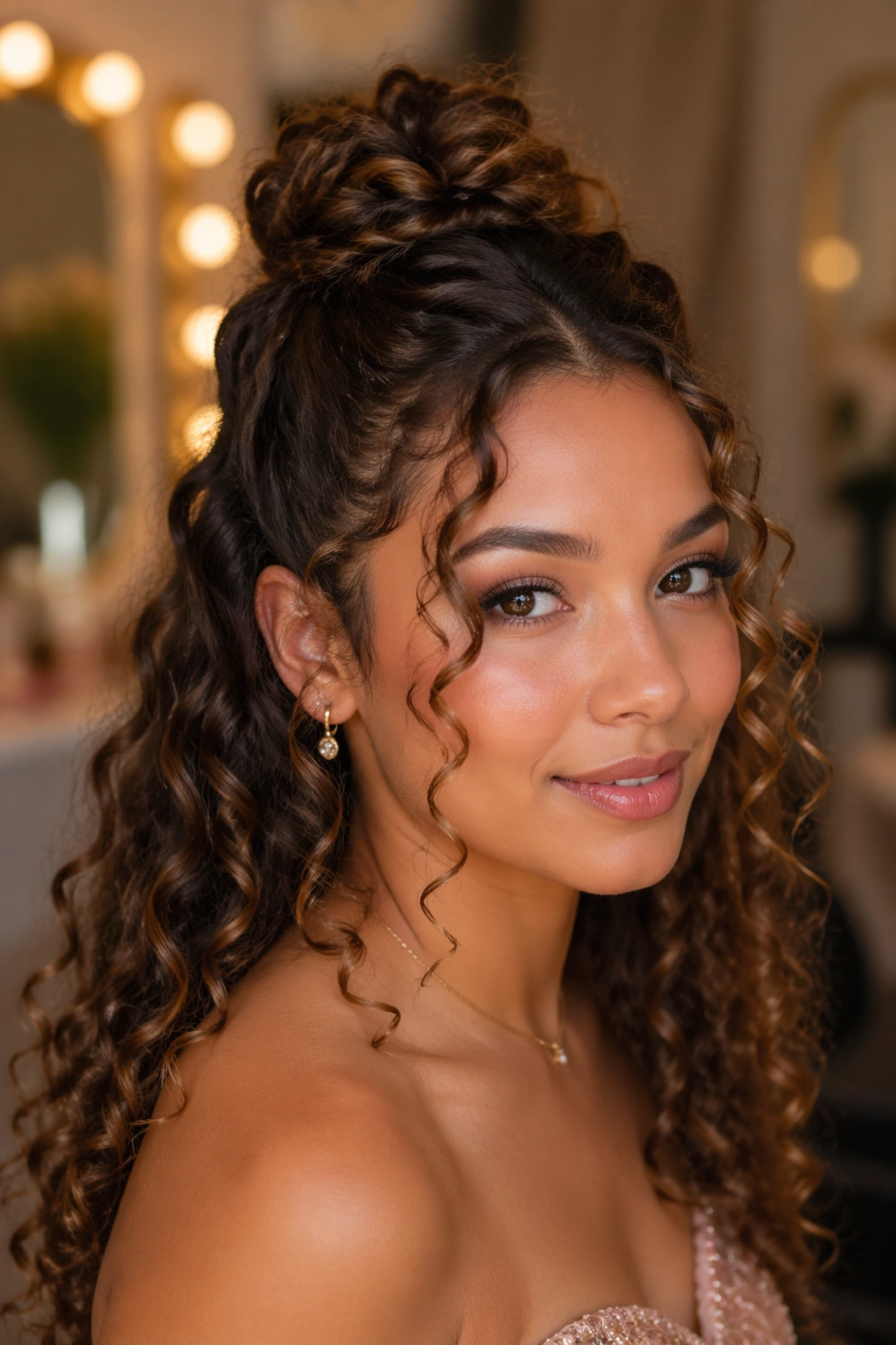 Woman with two-strand twisted top knot and curling tendrils