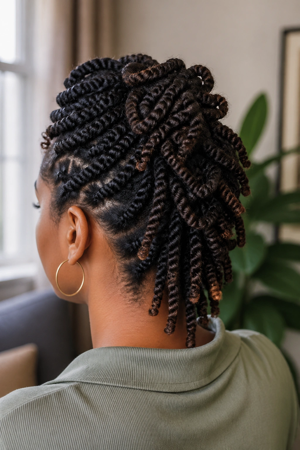Back view of real woman with twisted updo cascade in soft natural light