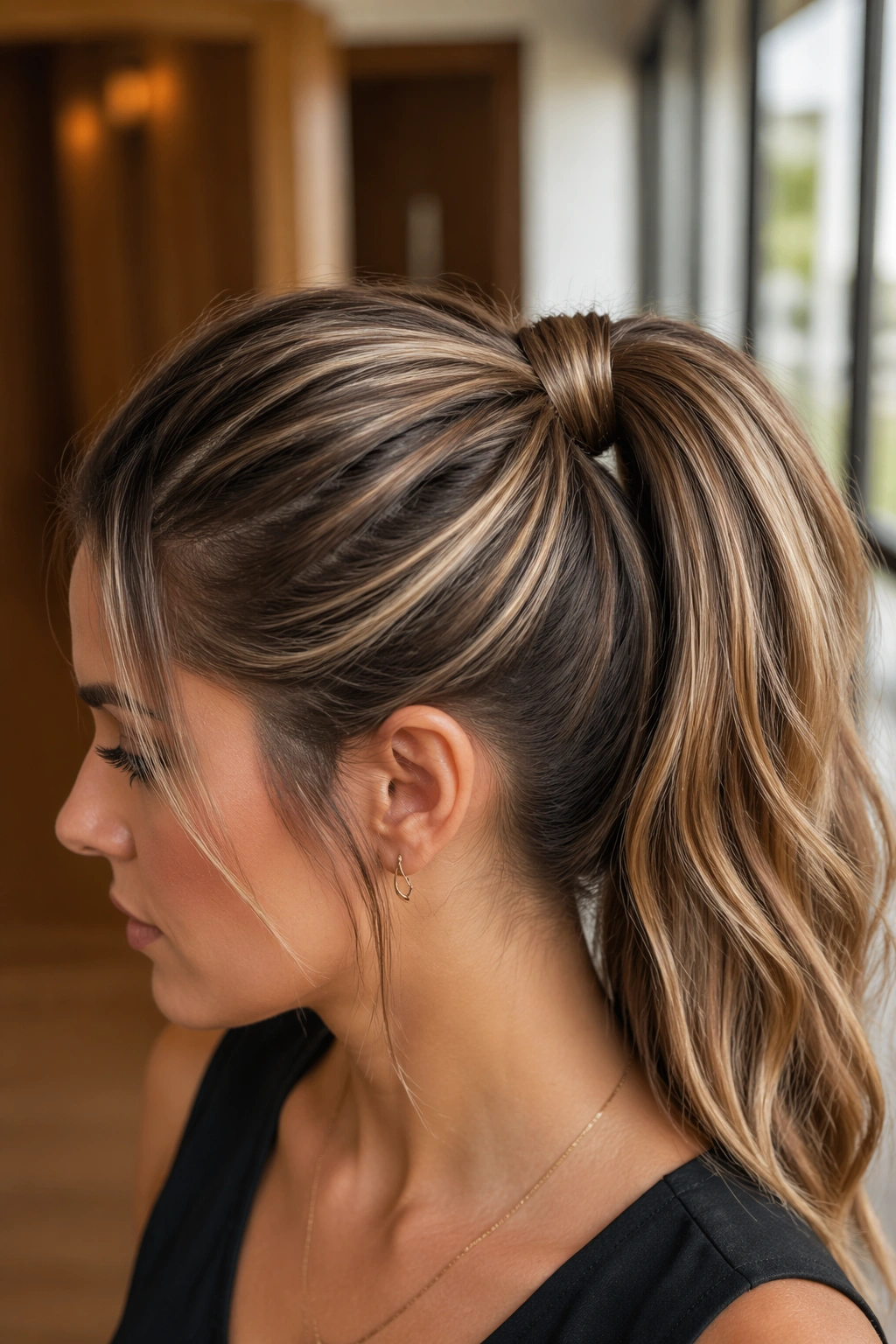 Portrait of a real woman with a twisted wrap high ponytail in a modern hallway.