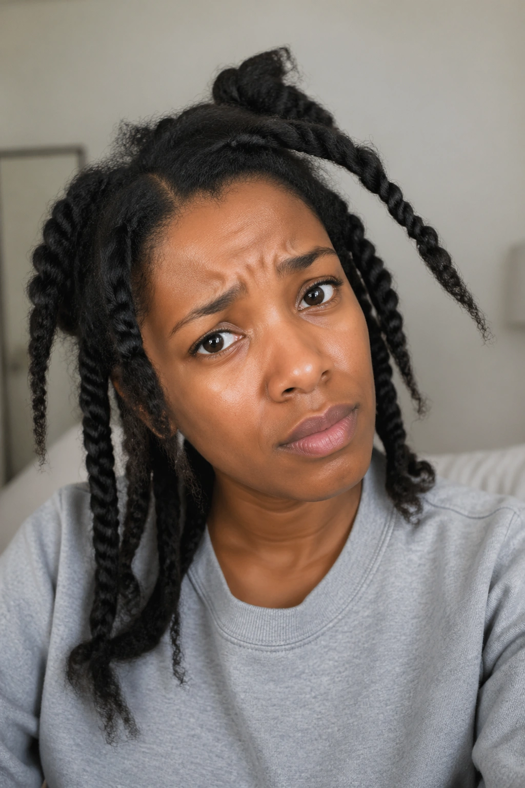 Real person with Afro hair showing common twisting mistakes, uneven twists