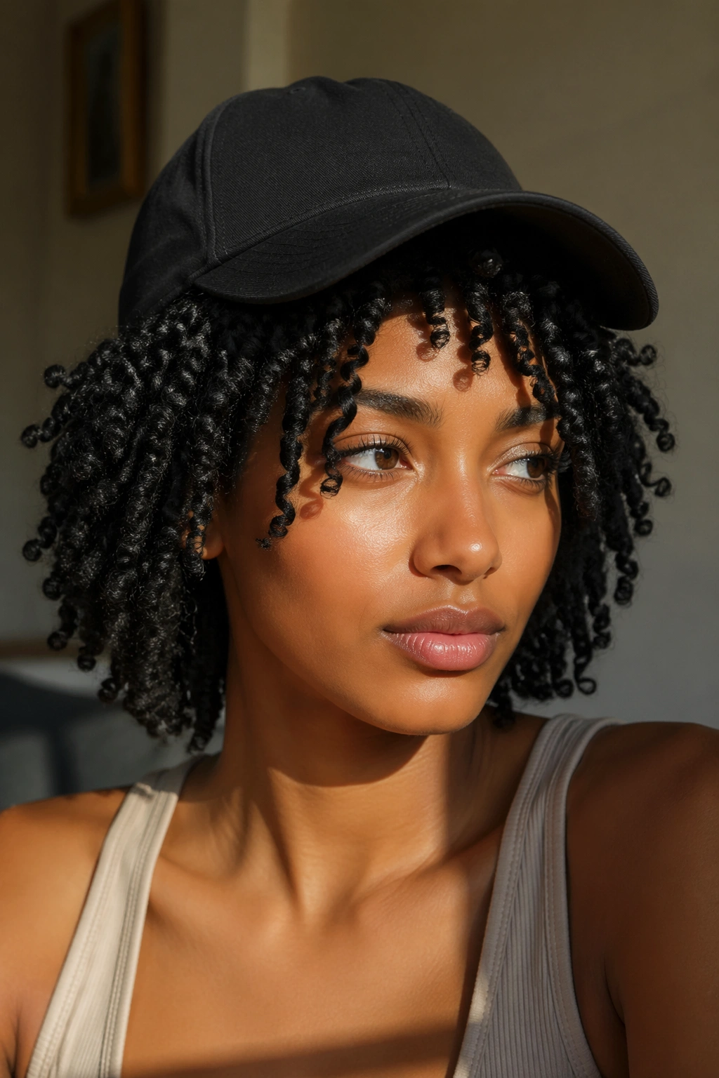 Portrait of a real person showing twist-out texture under a baseball cap