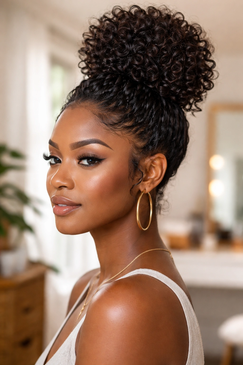 Close-up of a Black woman with a twist-out high bun and defined spirals