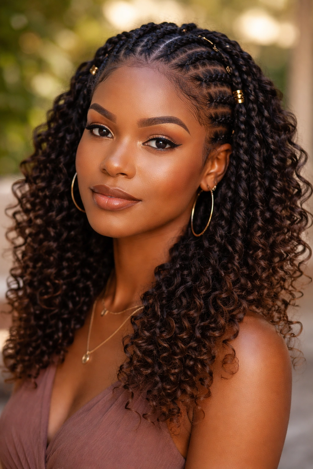 Close-up of a real woman's Fulani braids with twist-out curls