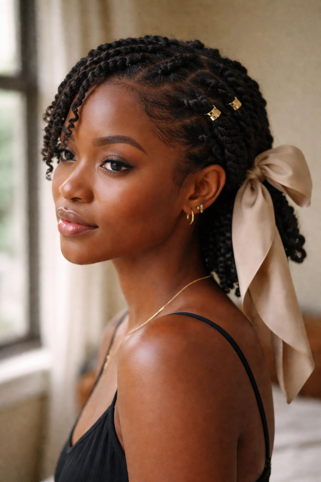 Close-up of a real woman wearing twists with two gold cuffs and a back ribbon in warm window light