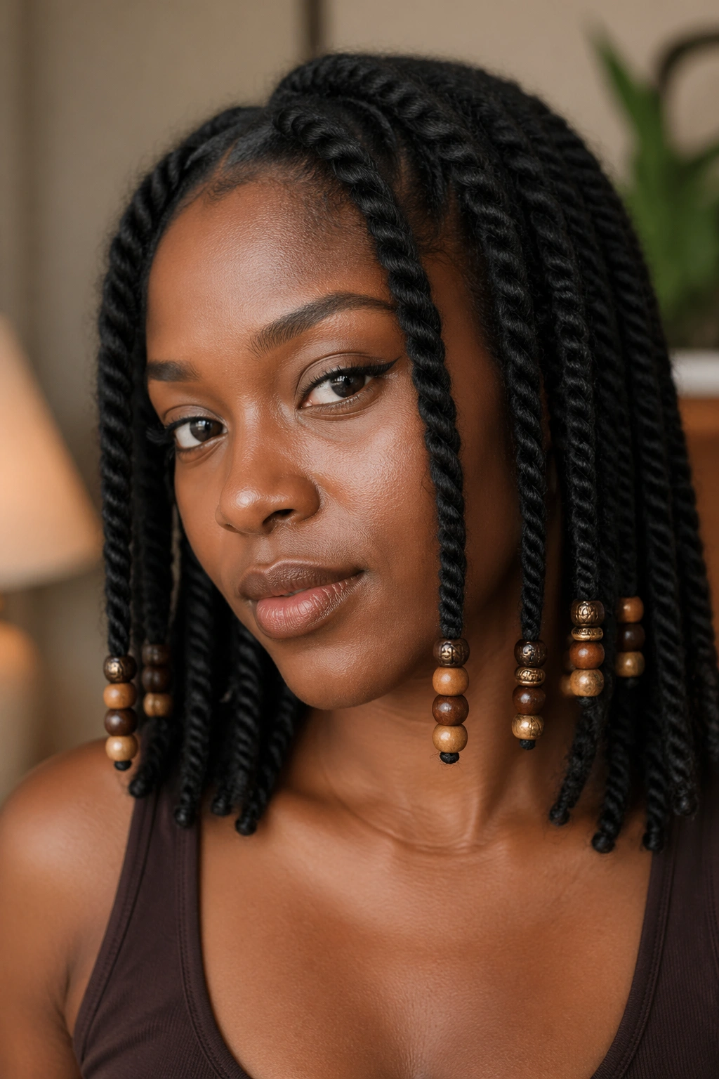 Real woman with beaded twist ends close-up portrait