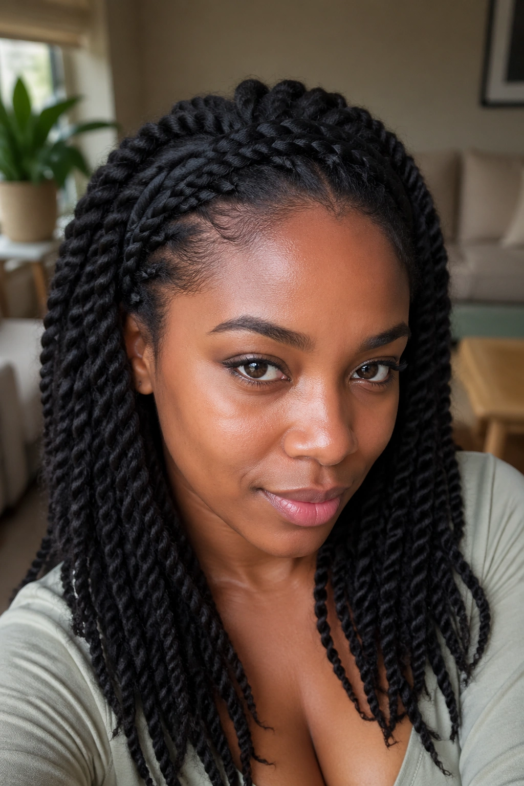 Close-up of twists with a braided headband on a real person