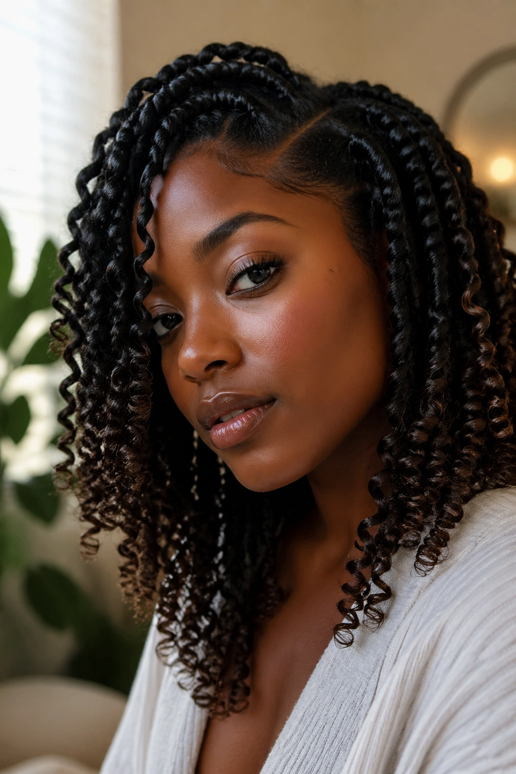 Close-up of a real woman with twists transitioning to curls in a cozy bedroom.