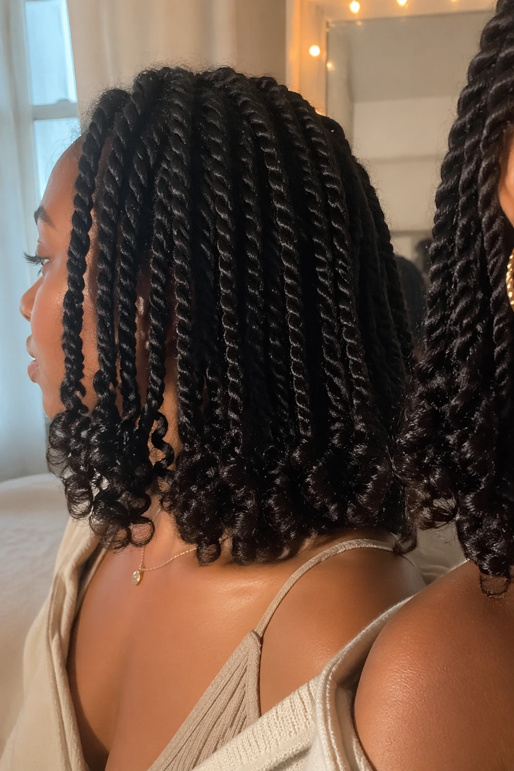 Shoulder-grazing twist braids close-up in bedroom vanity