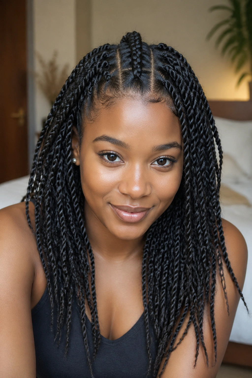 Front view of twists with a center Dutch braid and side twists