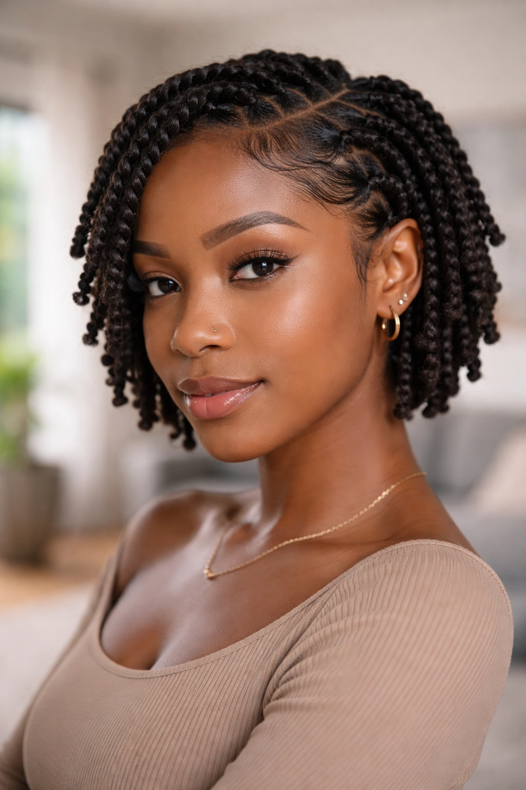 Close-up of a real woman with twists and sleek edges along the hairline