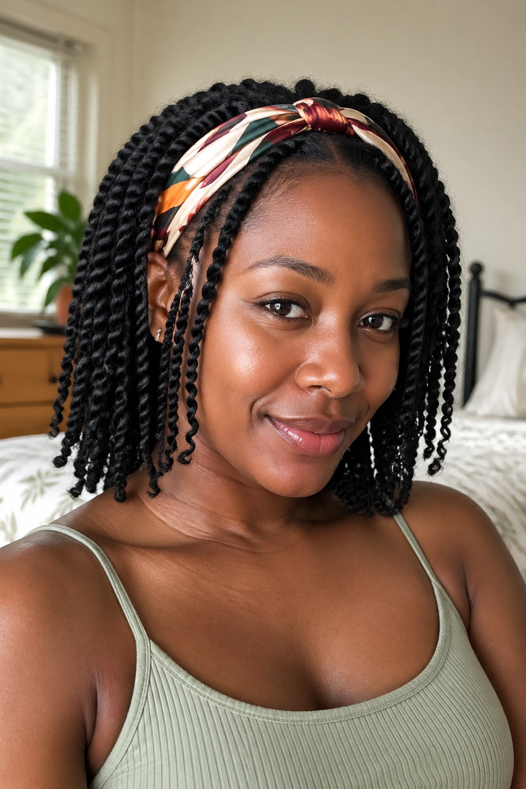 Close-up portrait of a real woman with twists and a silk headband in a cozy bedroom