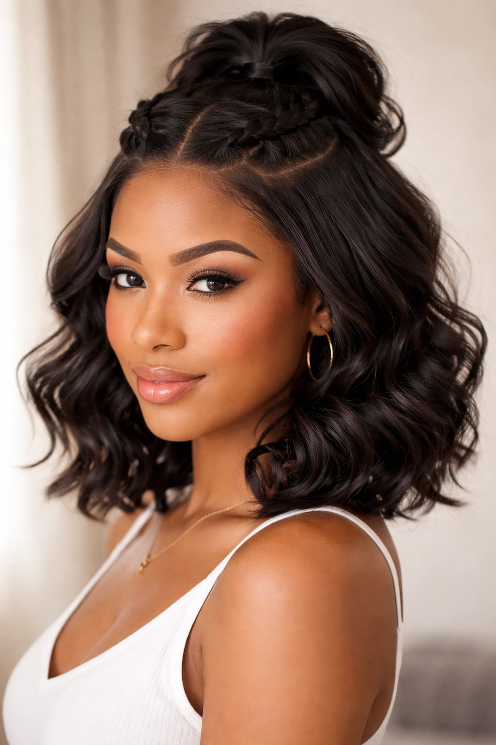 Close-up of two rope twists at temples with loose curls on short hair