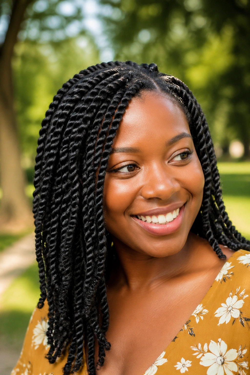 Close-up portrait of a real woman with neat twists in warm outdoor daylight