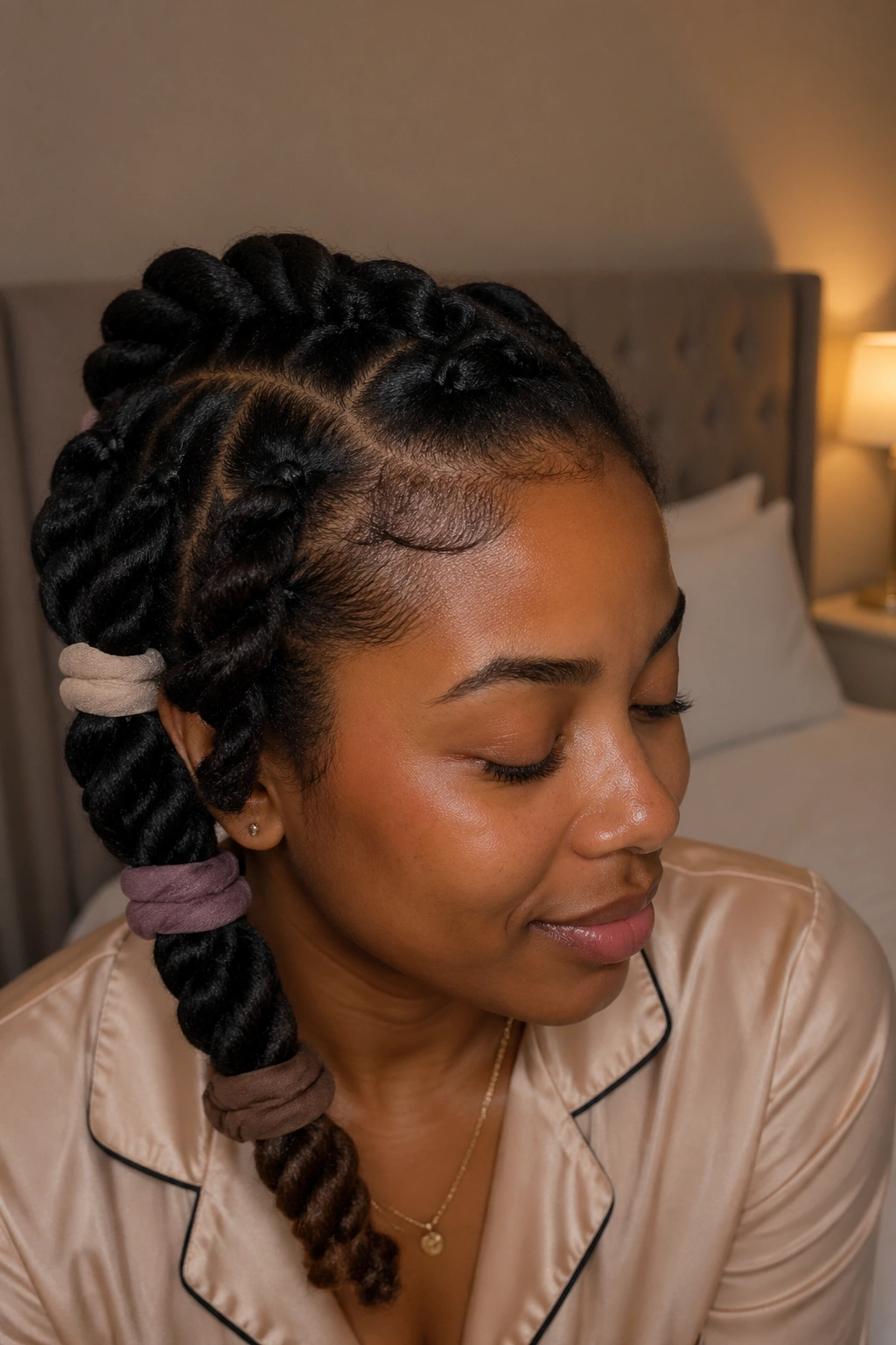 Real person with hair in neat twists ready for overnight styling in a cozy bedroom