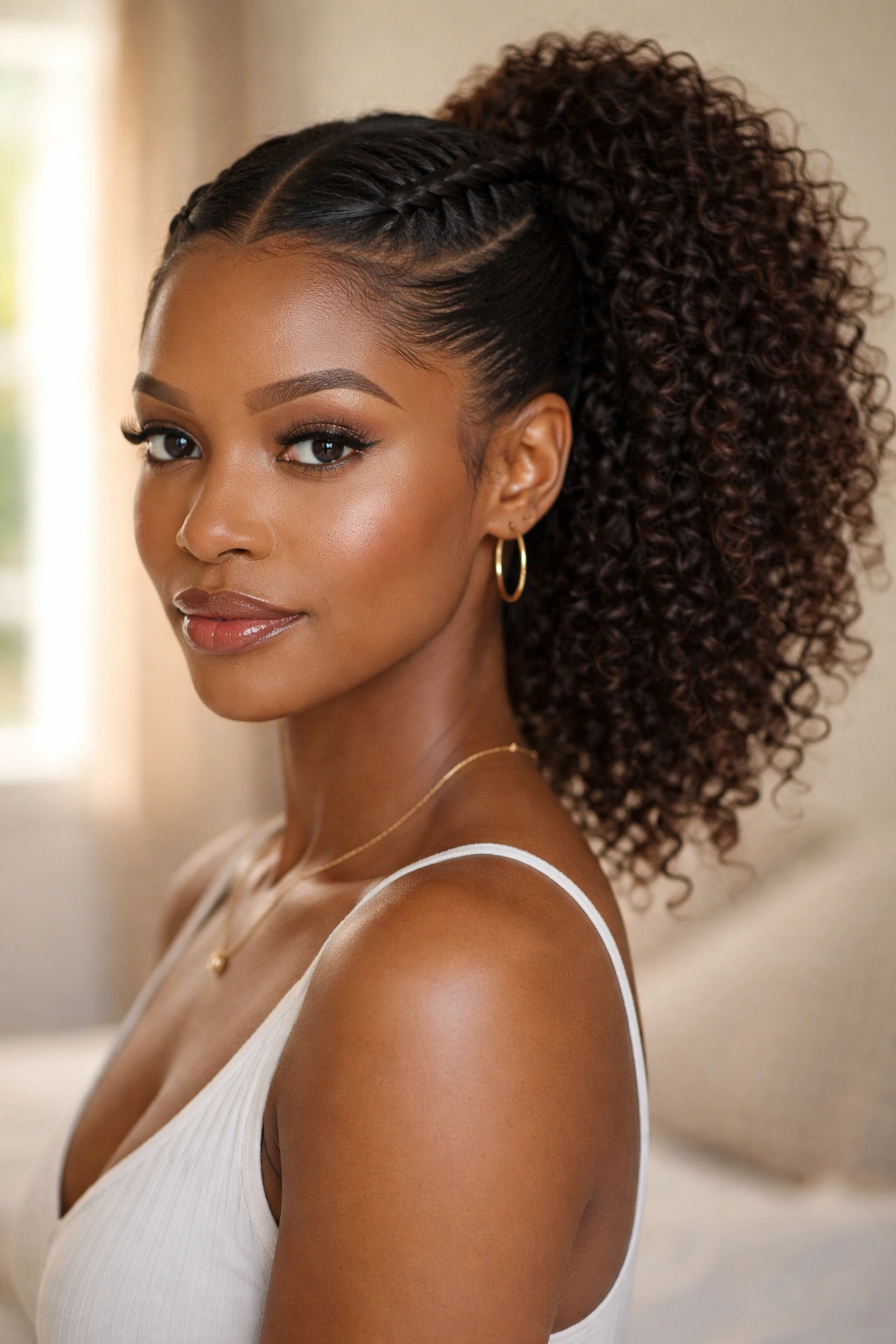 Close-up of a Black woman with front twists forming a curly ponytail.