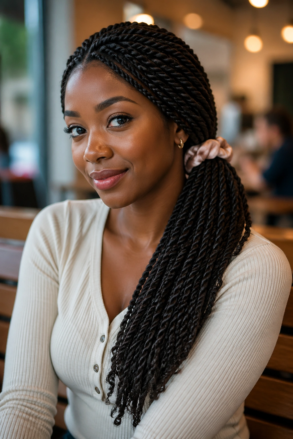 Close-up of twists in a low side ponytail over the shoulder on a real person