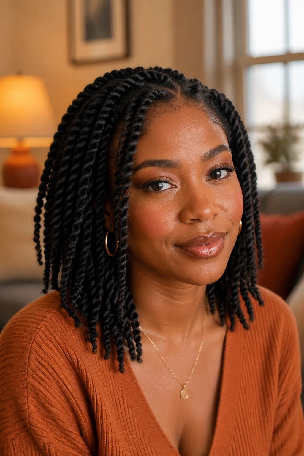Close-up of two-strand twists left in on a real woman in a cozy living room