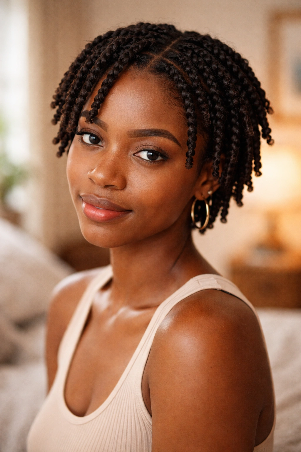 Close-up portrait of a person with short natural hair in twists