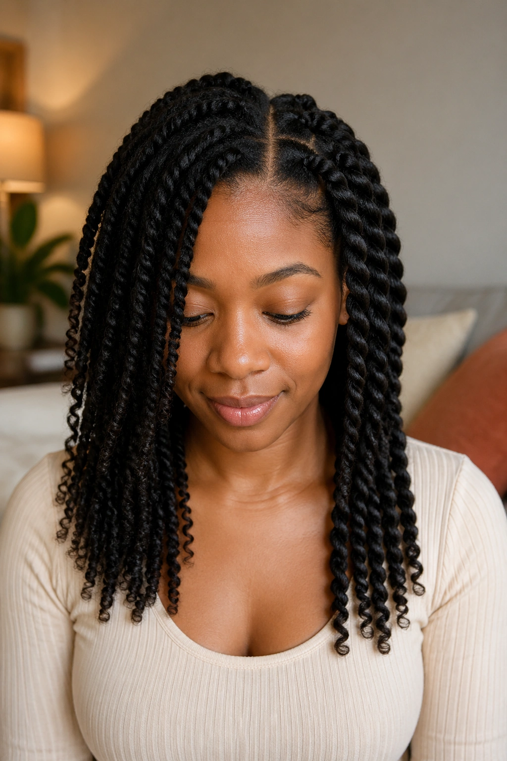 Real woman showing three twist styles: two-strand, three-strand, and rope twists.