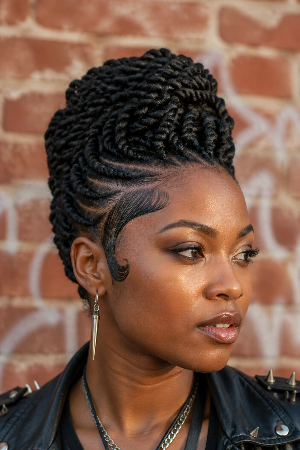 Close-up of a woman with twists in an asymmetric updo and edge lines at the hairline.