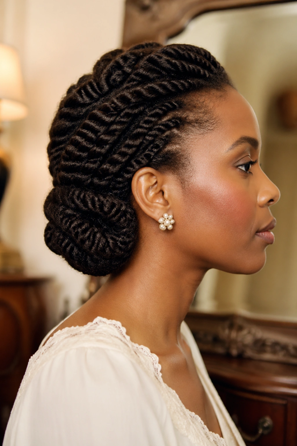 Side profile of twists tucked under into a vintage roll on a real person