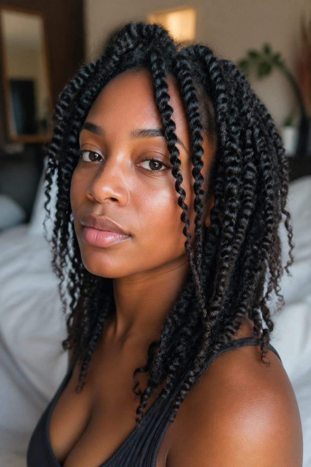 Close-up of a real woman wearing loose two-strand twists worn-out style.
