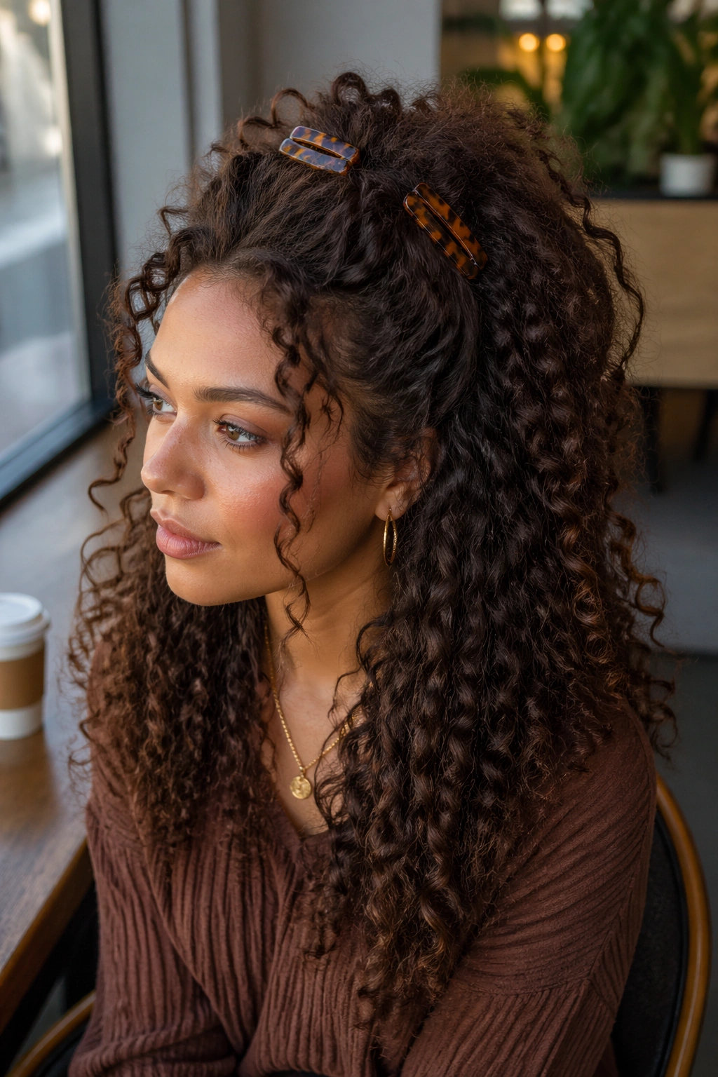 Close-up portrait of a woman with dense curls held by two barrettes in a half-up style