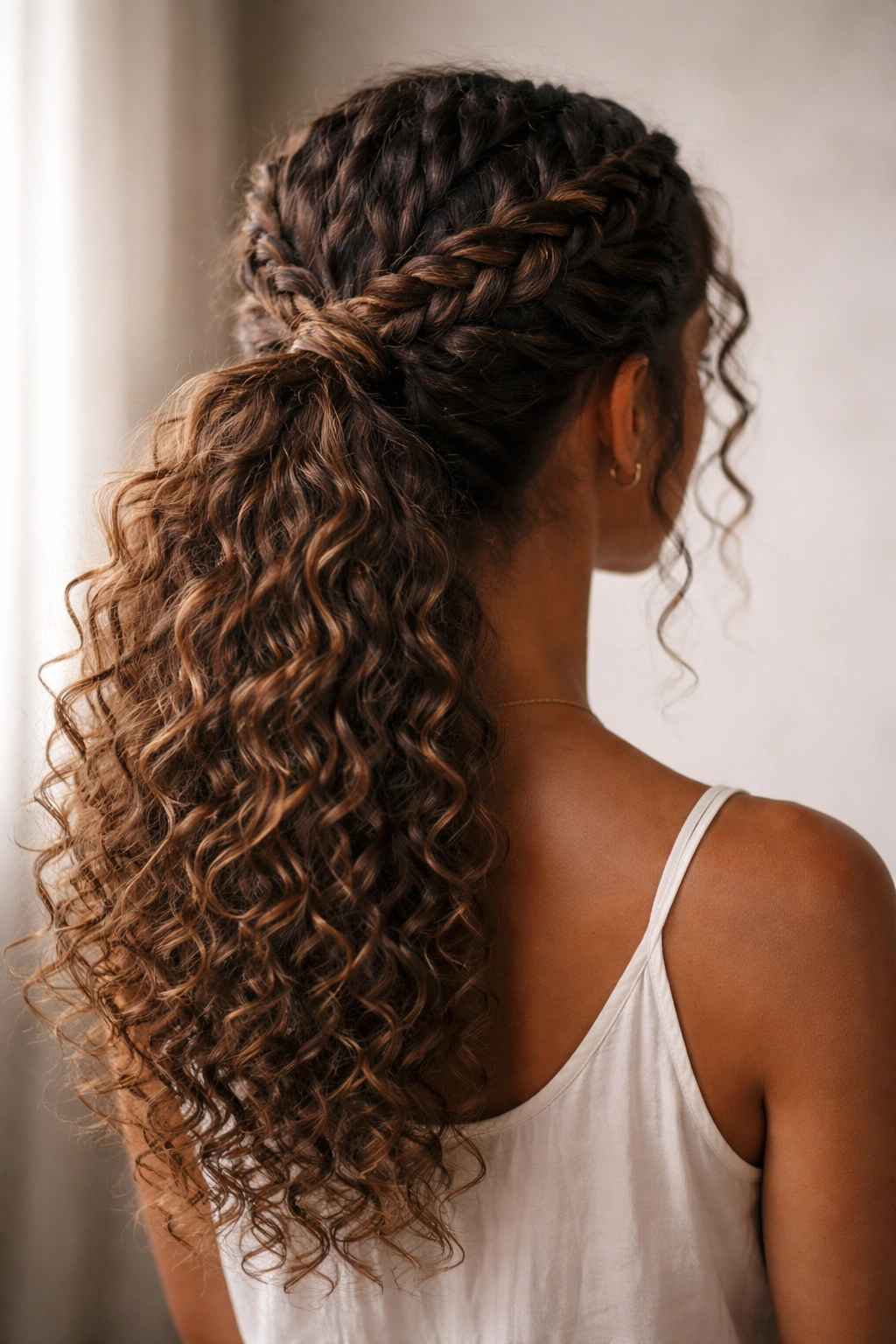 Two braids forming a crown converging into a ponytail