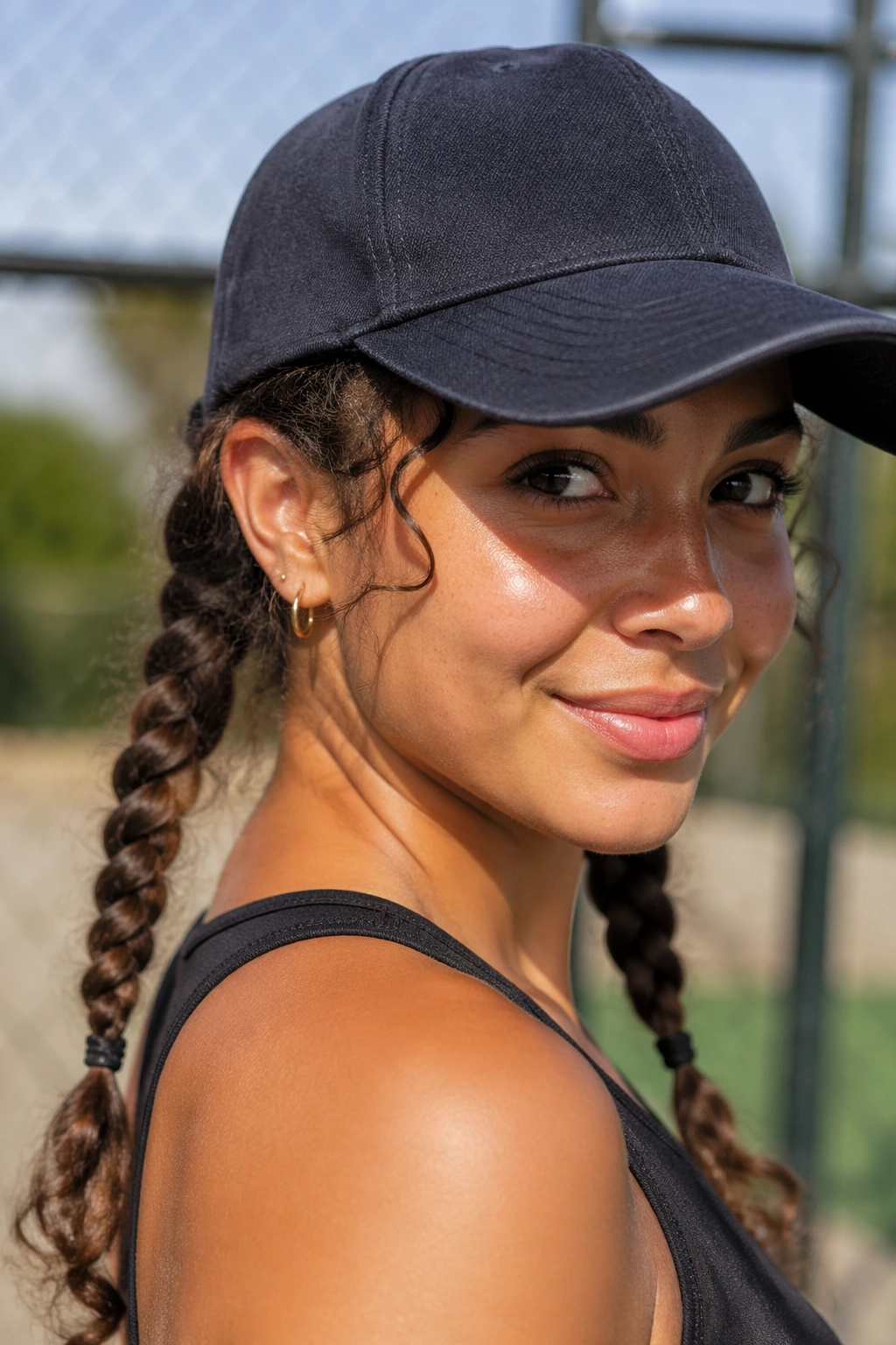 Real woman with two low braids under a cap, sporty look
