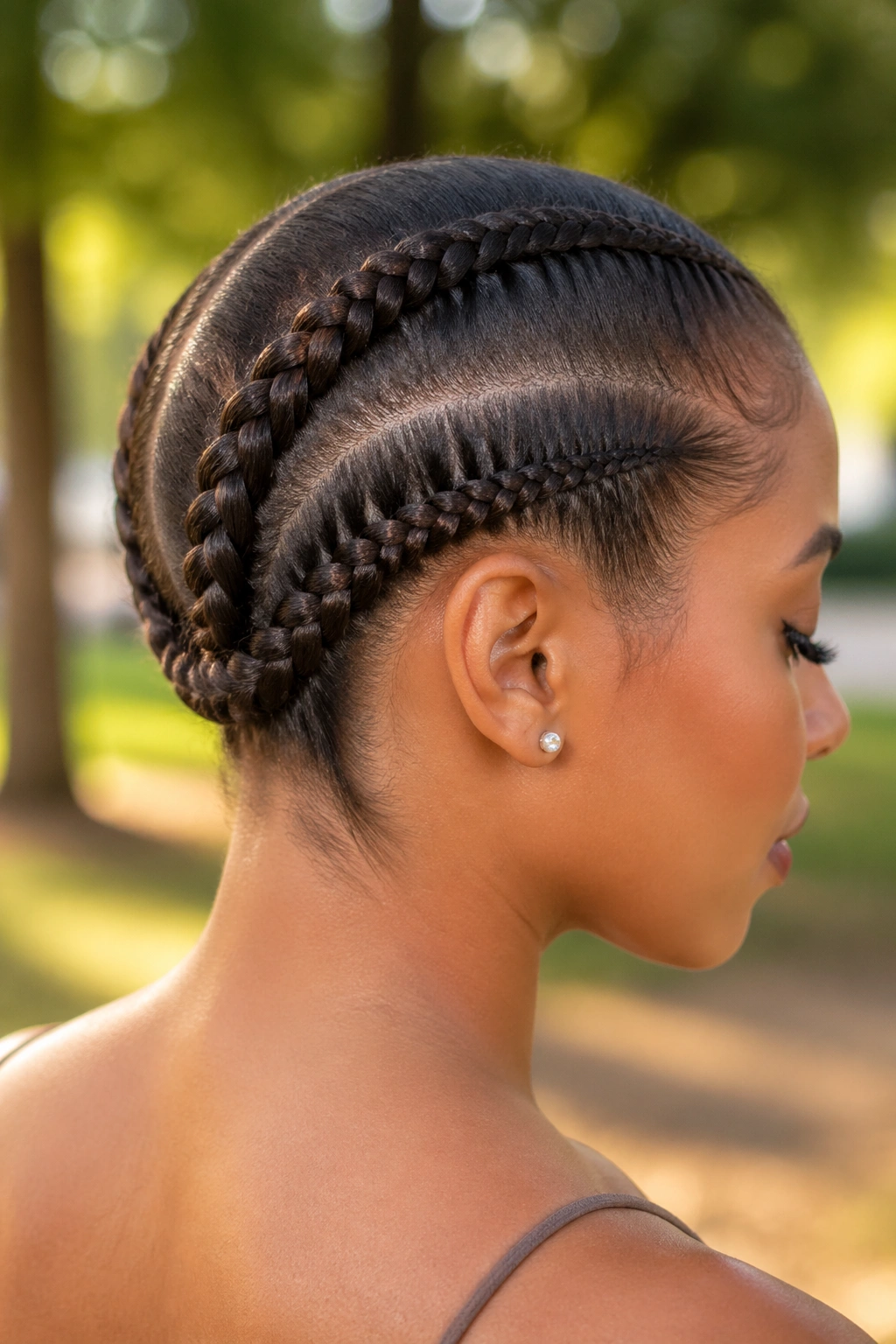 Close-up of a real person with two cornrows forming a halo around the crown.