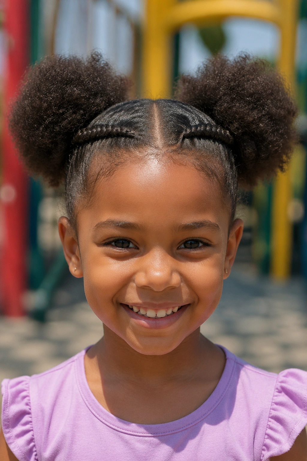 Close-up of two braids turning into puffs on a child’s head outdoors