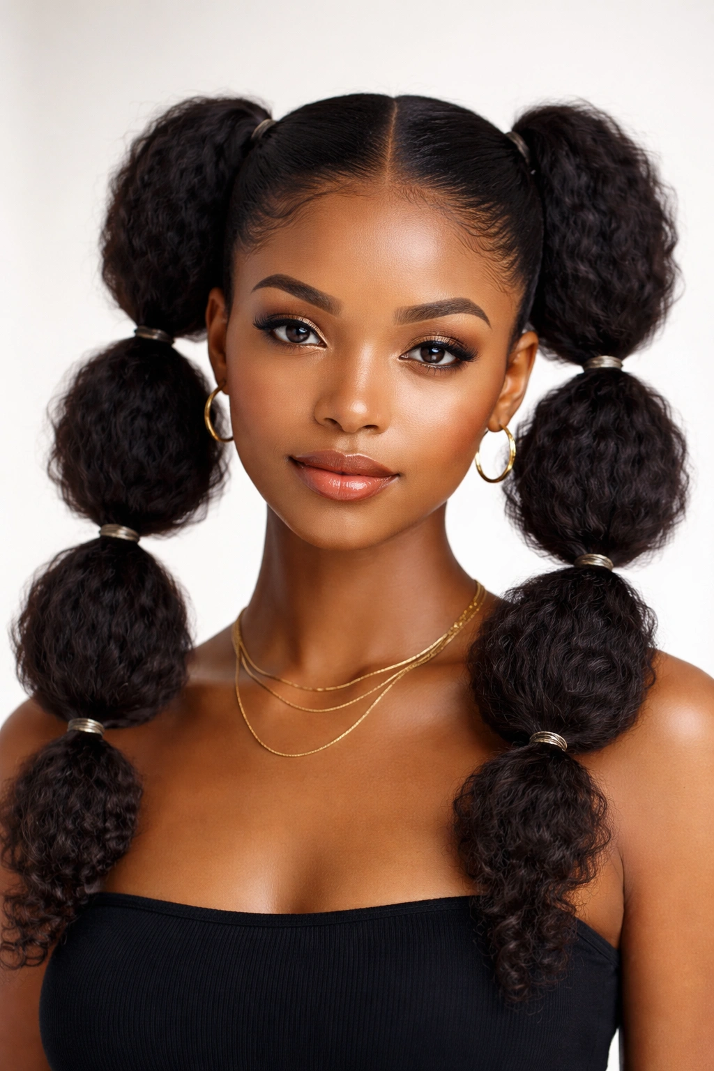 Front view of two bubble ponytails with center part and symmetrical bubbles