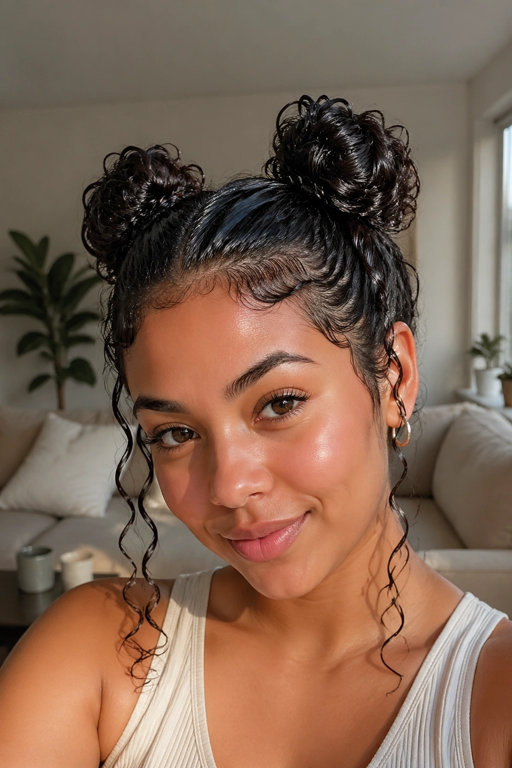 Real woman with two soaking-wet buns at the crown and glossy hair