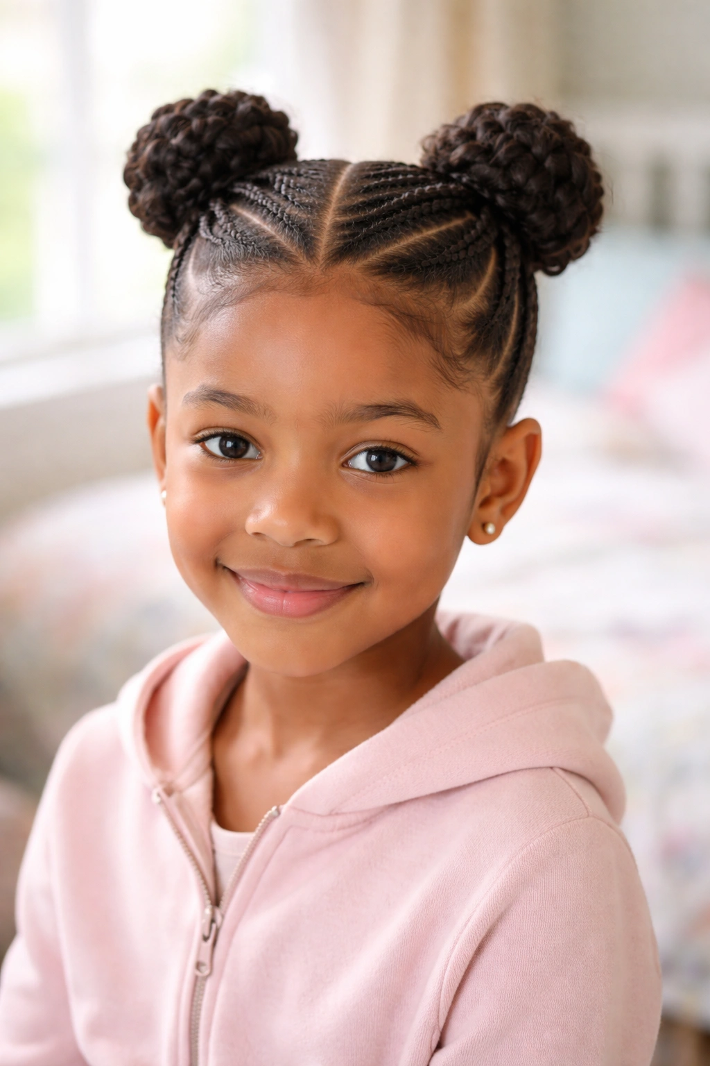 Girl with two back buns and front cornrows in bright light