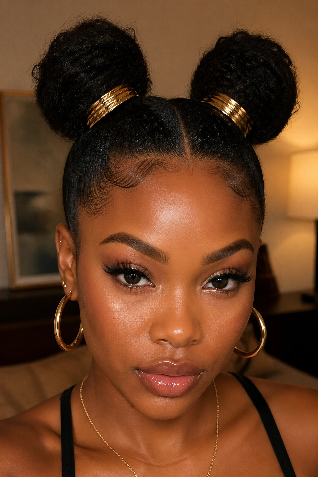 Close-up portrait of a real woman with two sleek buns and gold cuffs