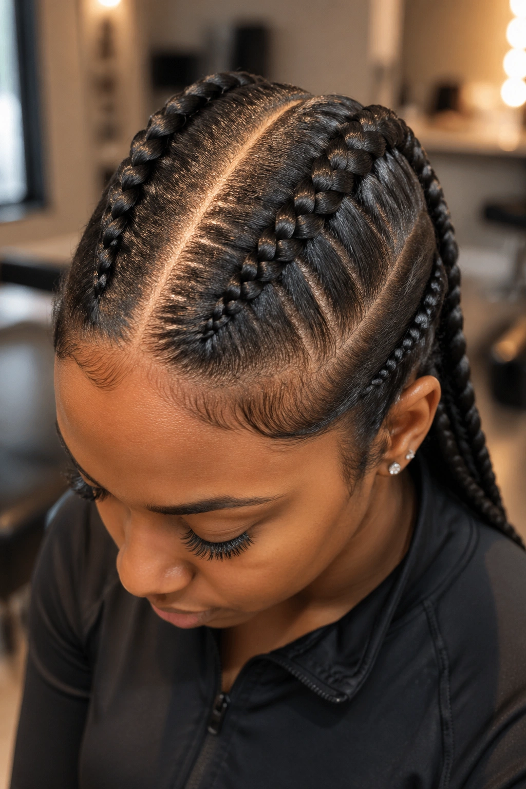 Portrait of a real person with two thick French cornrows on a center-part.