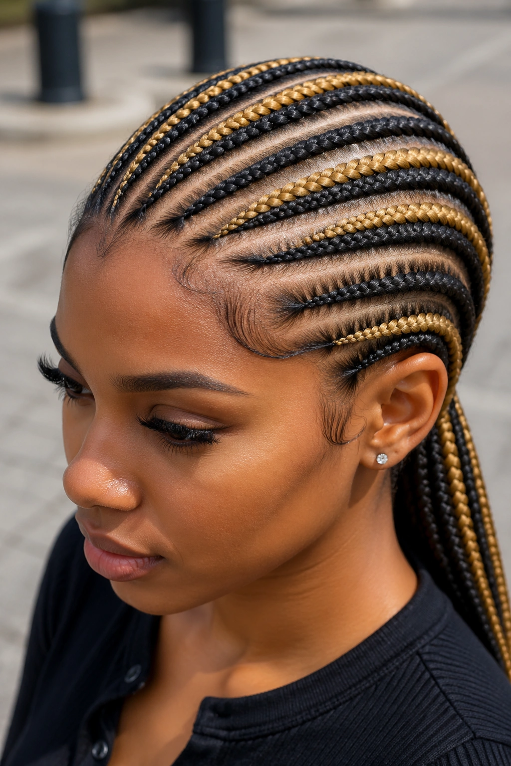 Real woman with two-color cornrow braids black and gold