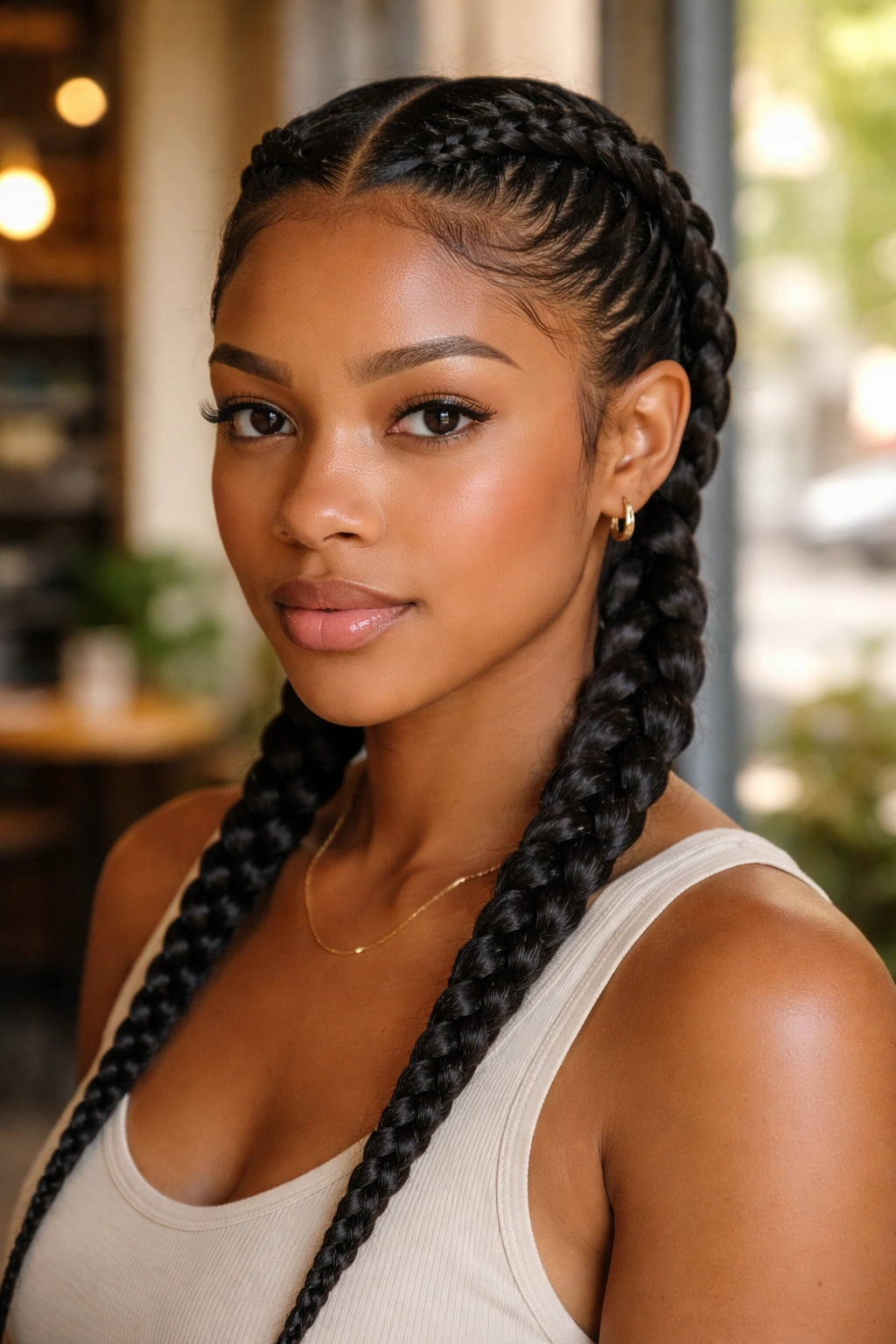 Two thick cornrows on either side of a center part, meeting at the nape on a real person.