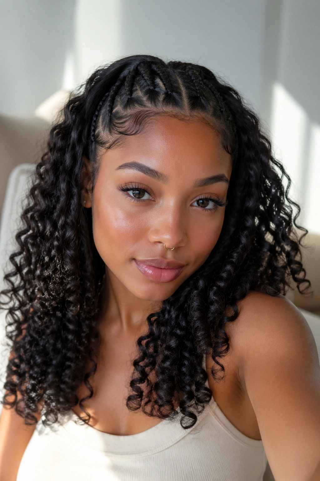 Portrait of a person with two front cornrows and bouncy curls.