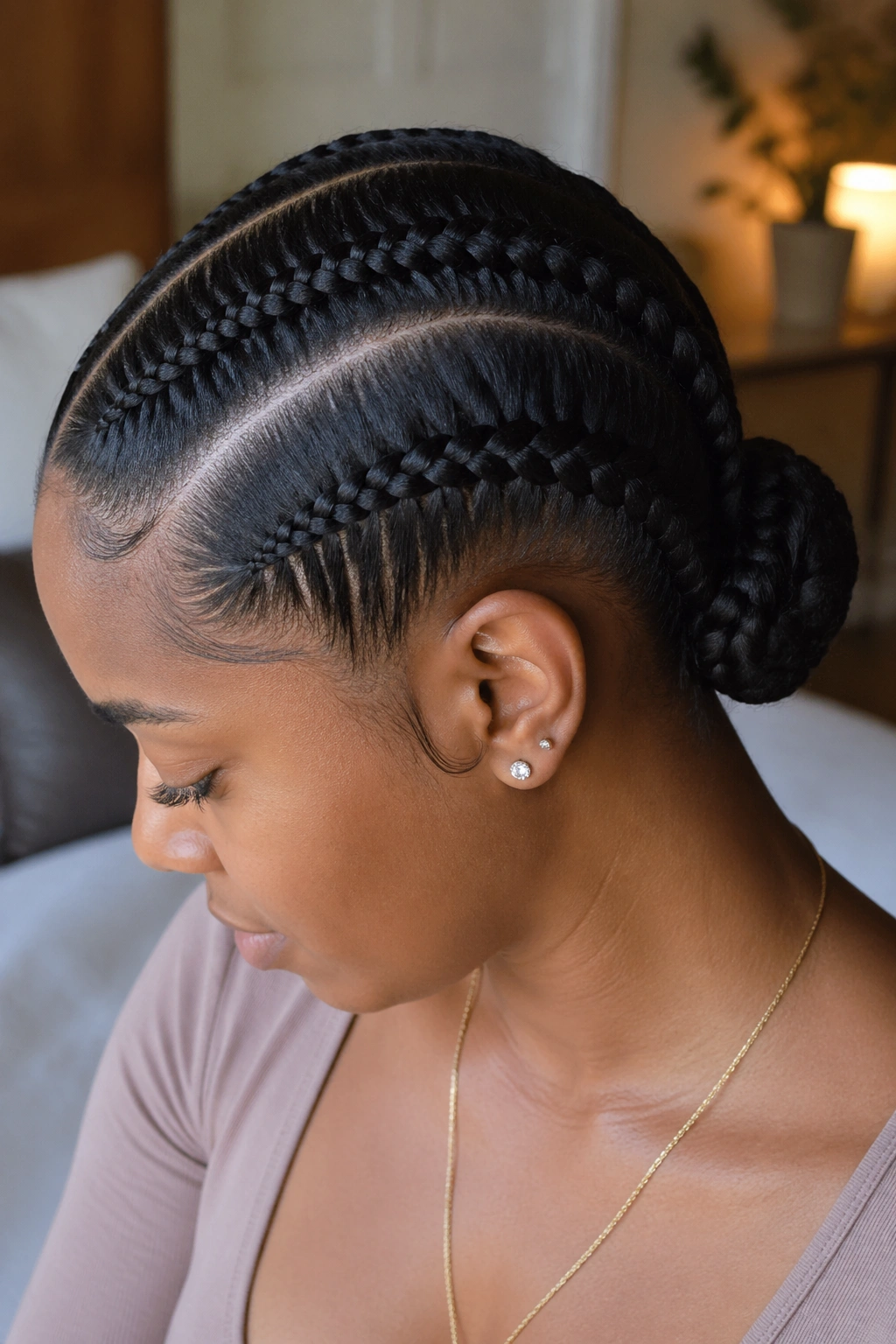 Close-up of a real person with two cornrows leading to a low bun