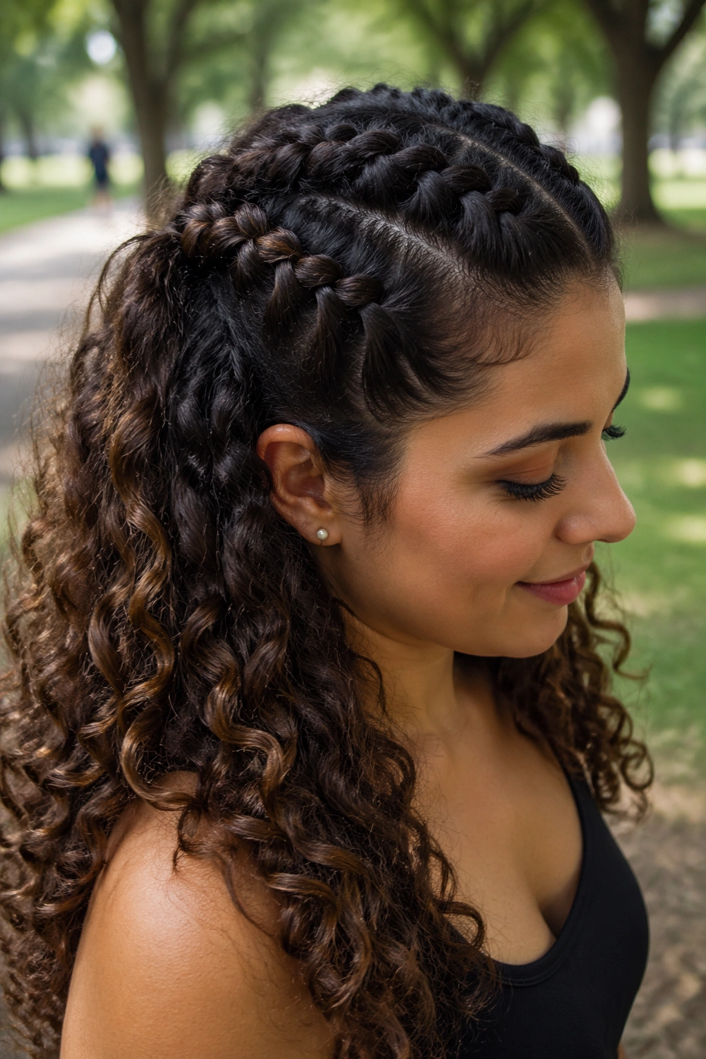 Close-up of a real person with two Dutch braids turning into loose curls