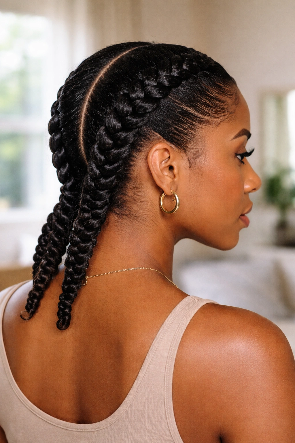 Real woman with two large flat twists running to the nape