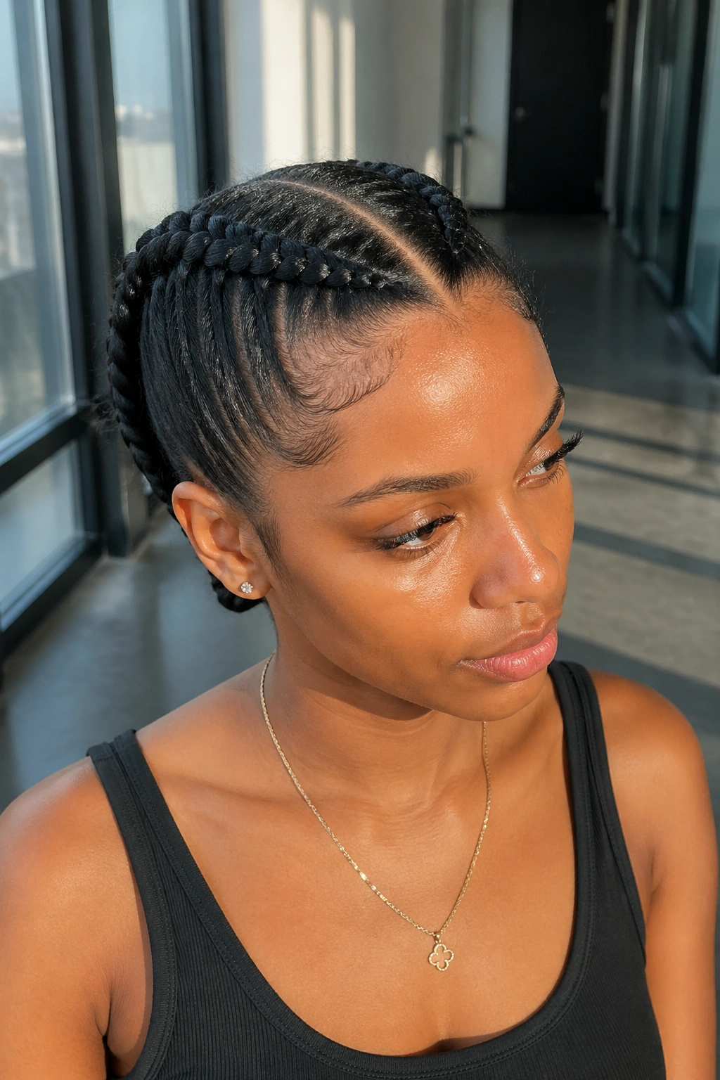 Portrait of a real woman with two thick French cornrows in natural light.