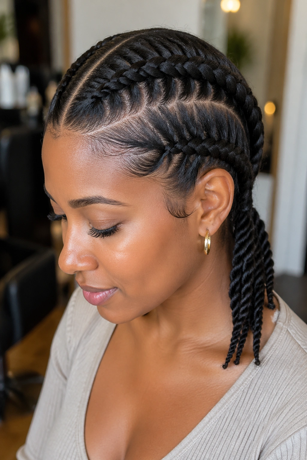 Close-up portrait of a real woman with two French cornrows transitioning into low twists at the nape.
