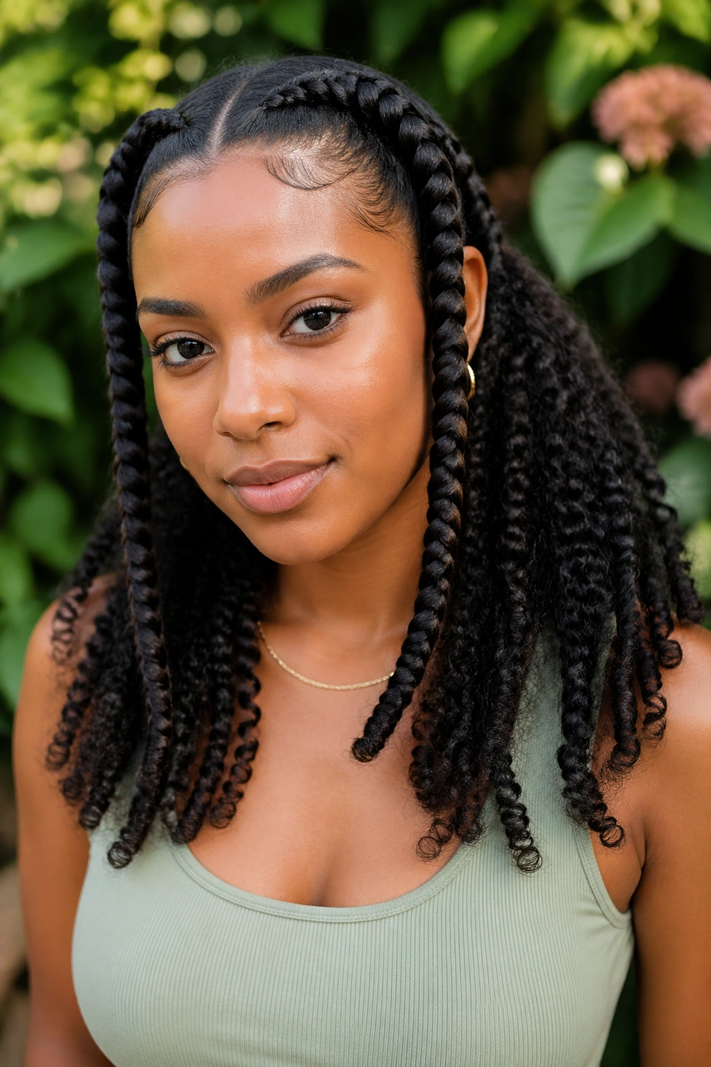Close-up of two large front braids with back natural curls on a real person.