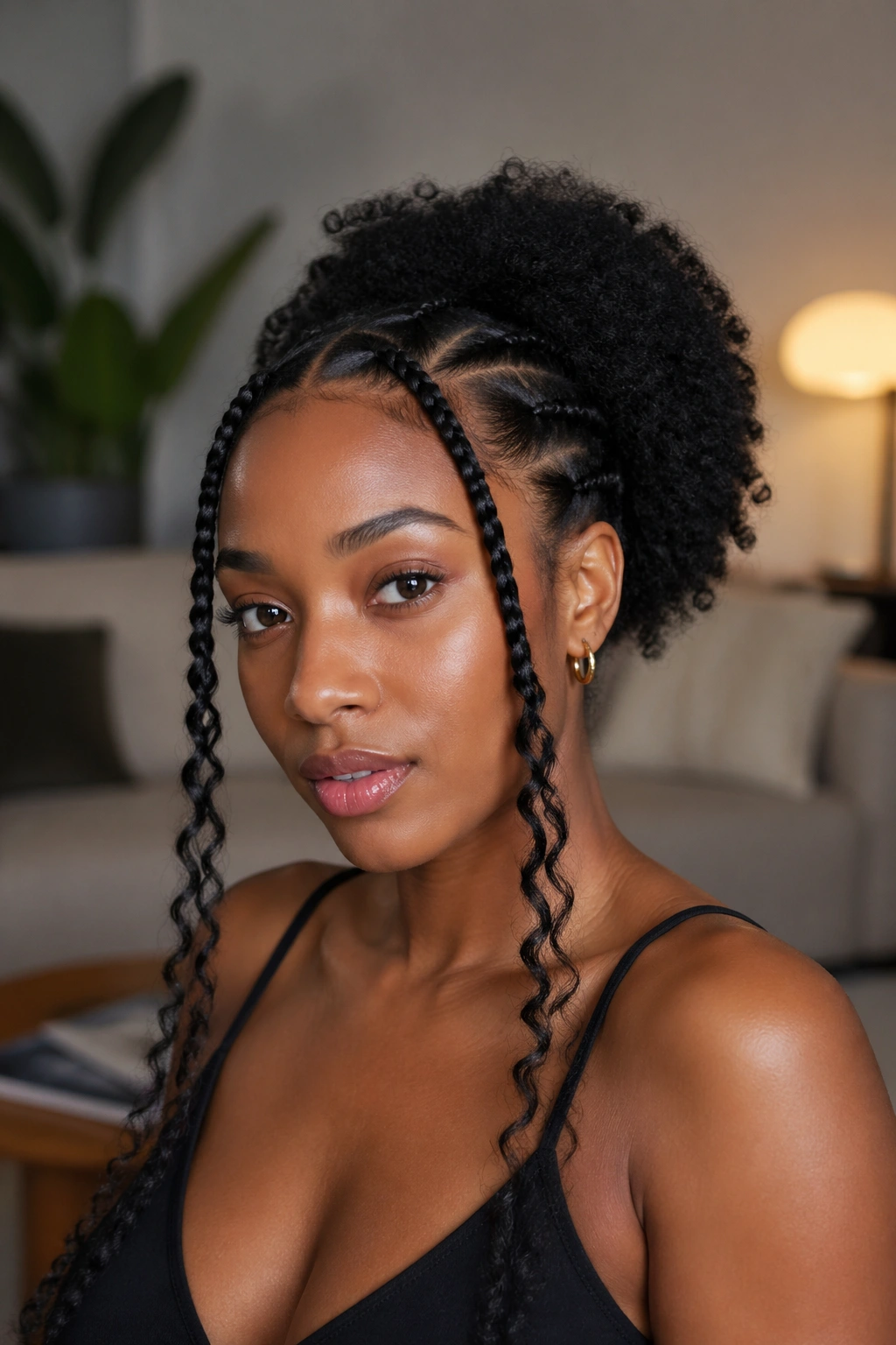 Close-up of a woman with two front goddess cornrows and long curly ends