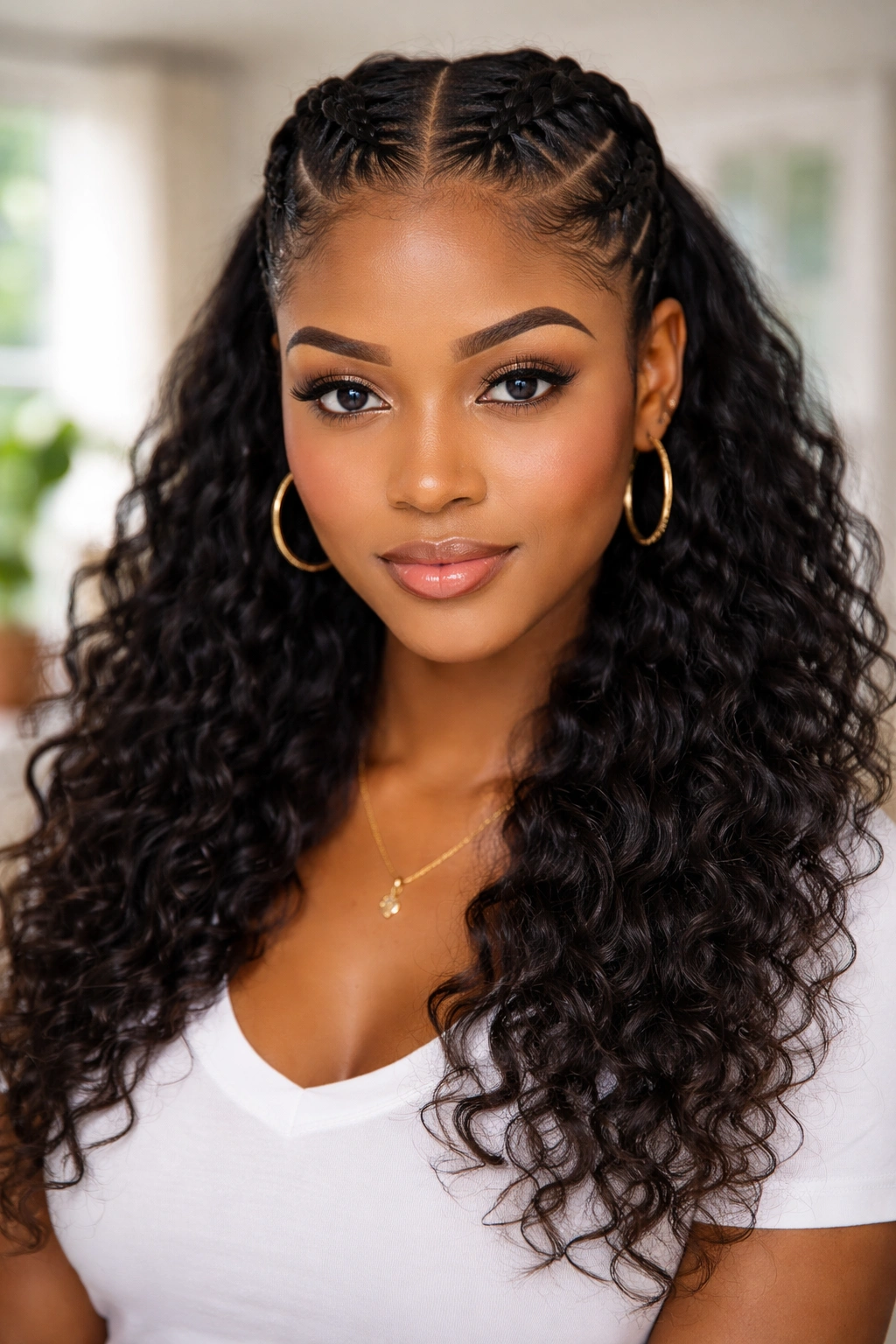 Real woman with two front cornrows and loose coils behind.