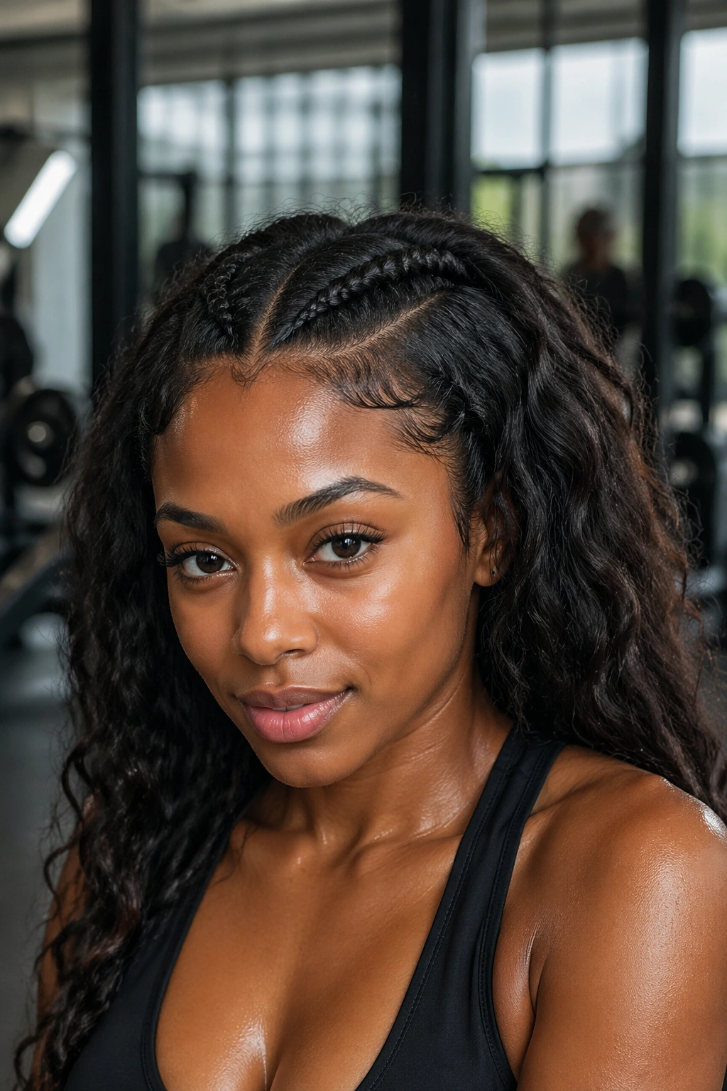 Portrait of a Black woman with two front cornrows and loose hair