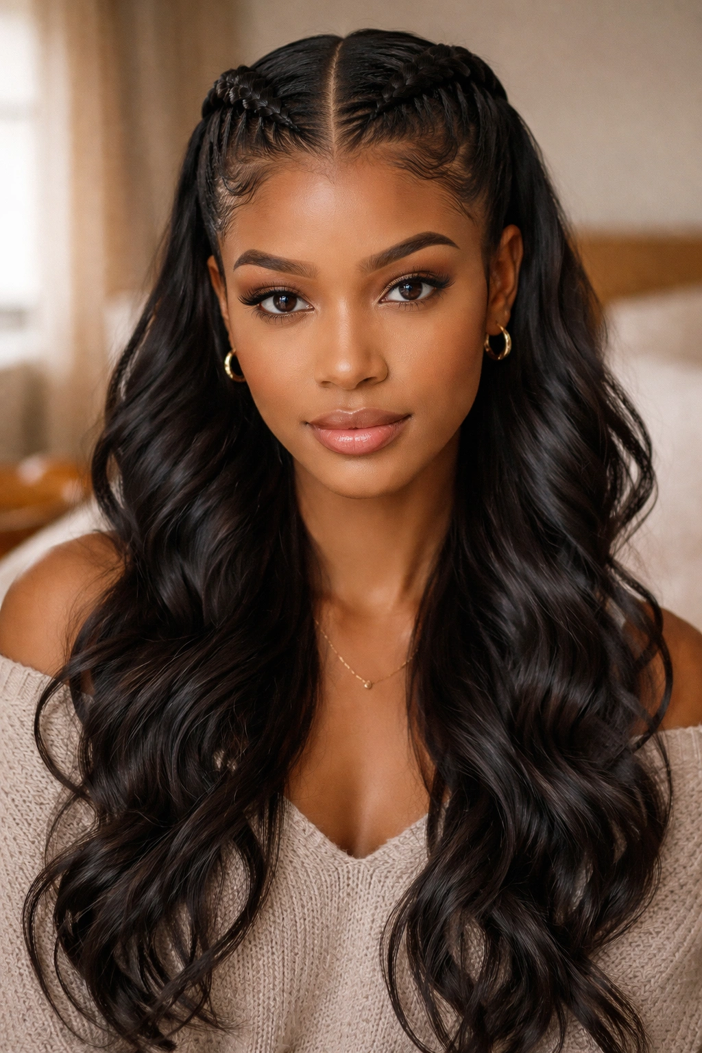 Close-up portrait of a real woman with two front cornrows and loose hair behind in warm light